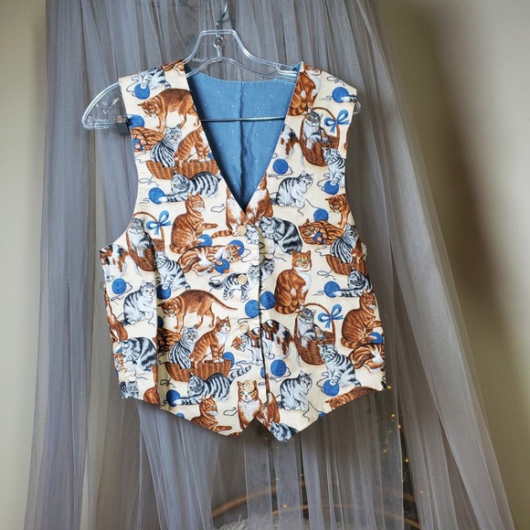 Jackets & Blazers - Cat Lovers Graphic Print Whimsical Vest Retro Crazy Cat Lady Size M Grandmacore